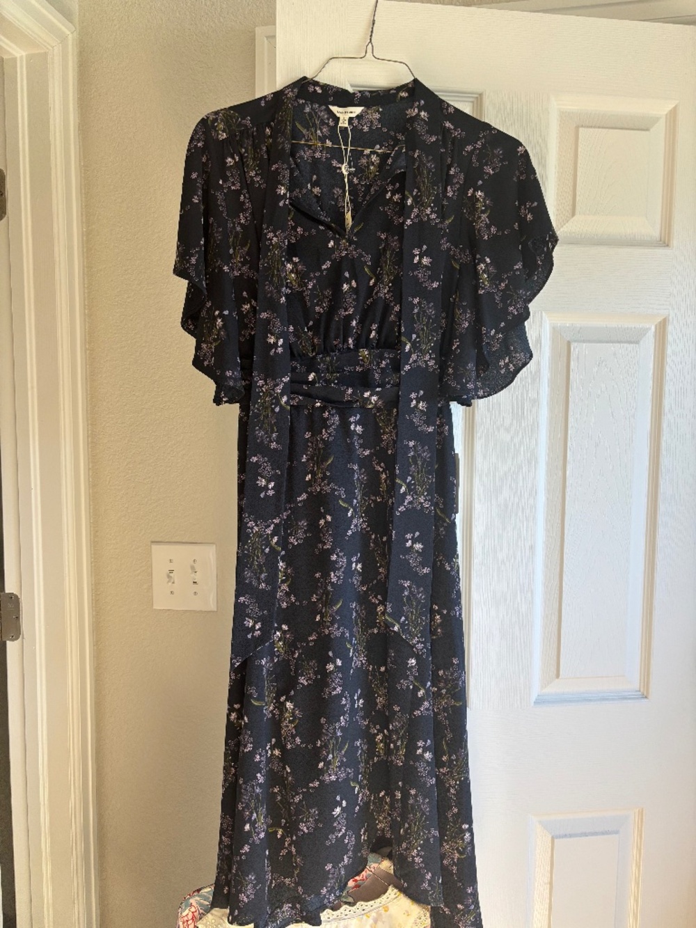 Max studio dress, new with tags, navy with floral print and flutter sleeves